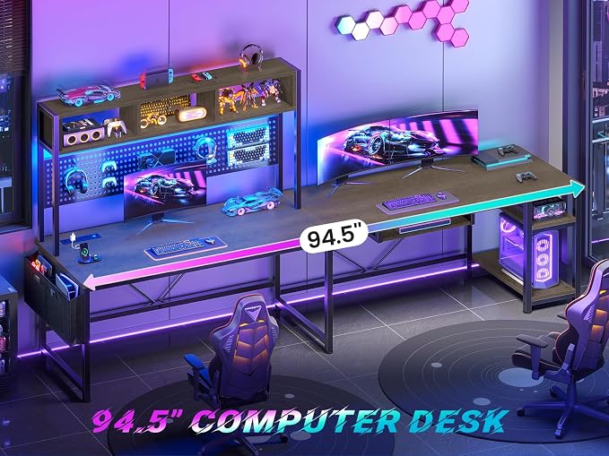 SEDETA L Shaped Gaming Desk with LED Lights and Pegboard for Home Office | Reversible 94.5" Computer Desk with Power Outlet, Keyboard Tray, Storage Shelves and Headphone Hook, Walnut Brown - Image 3