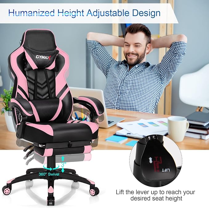 GYMAX Gaming Chair, Ergonomic Computer Chair with Footrest, Linkage Armrests & Lumbar Cushion, Big Wide High Back Video Gaming Chair, Reclining Office Rolling Chair for Adult/Teens (Pink) - Image 7