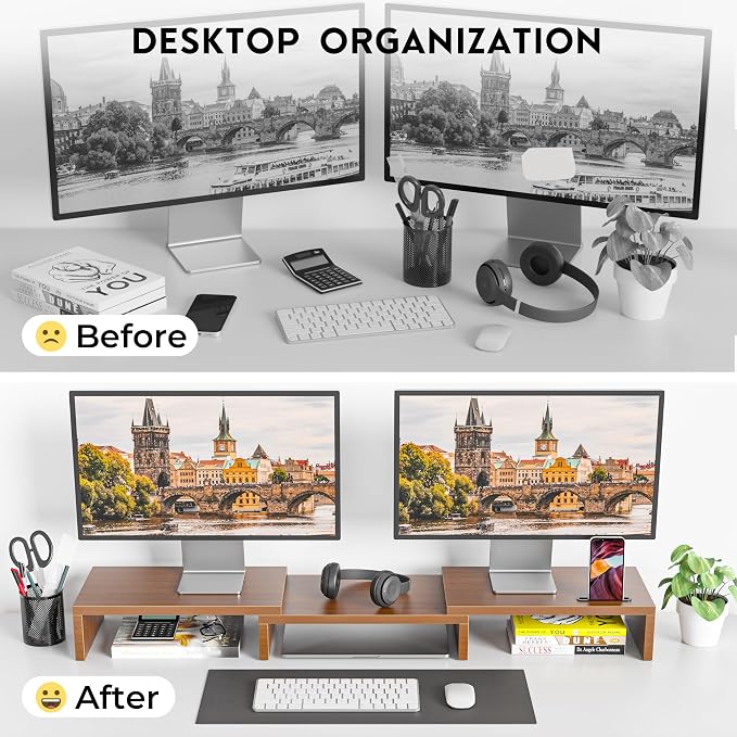 BONTEC Dual Monitor Stand Riser, Adjustable Length & Swivel Angle, Walnut | Ergonomic Wooden Desktop Organizer with Smartphone Holder, Computer Monitor Stand for PC, Laptop,Printer and Large Storage - Image 4