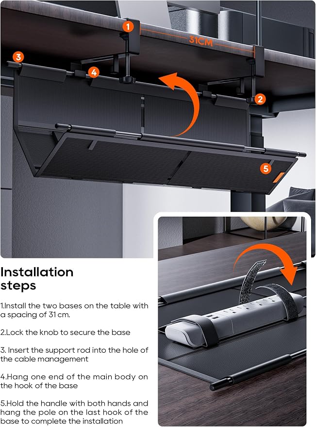 27" No Drill Under Desk Cable Management Tray (Black) - Image 7
