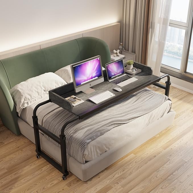 TigerDad Overbed Table with Wheels Overbed Desk Over Bed Desk King Queen Bed Table Overbed Laptop Table Over Bed Table with Wheels((Gray) by TigerDad