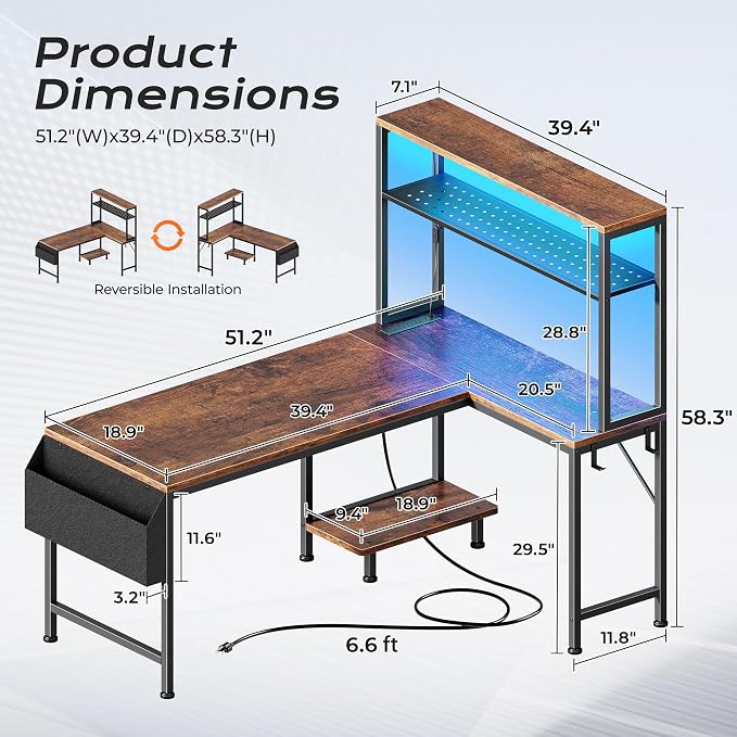 PRAISUN L Shaped Gaming Desk with LED Lights & Power Outlets | Reversible Computer Desk with Storage Shelves & Bag, Large Corner Home Office Desk for Work from Home, Rustic Brown - Image 2
