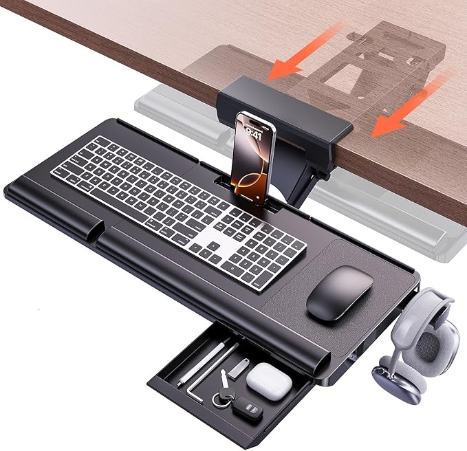 Klearlook Upgraded Ergonomic Keyboard Tray Under Desk, Adjustable Sliding Keyboard Platform Holder, Keyboard Stand with Wrist Rest & Storage Drawer for Home, Office and Gaming, 24.4"x10" by KlearlookMaximizedClarity