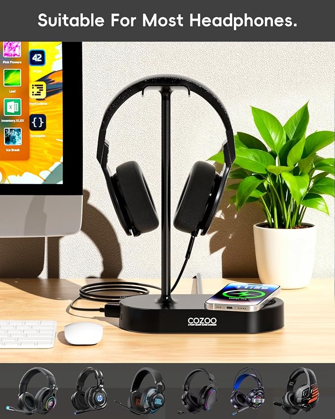 COZOO Headphone Stand with Fast Wireless Charging Pad and 2 USB Charging Ports, Suitable for Gaming, DJ, Wireless Earphone Accessories - Image 4