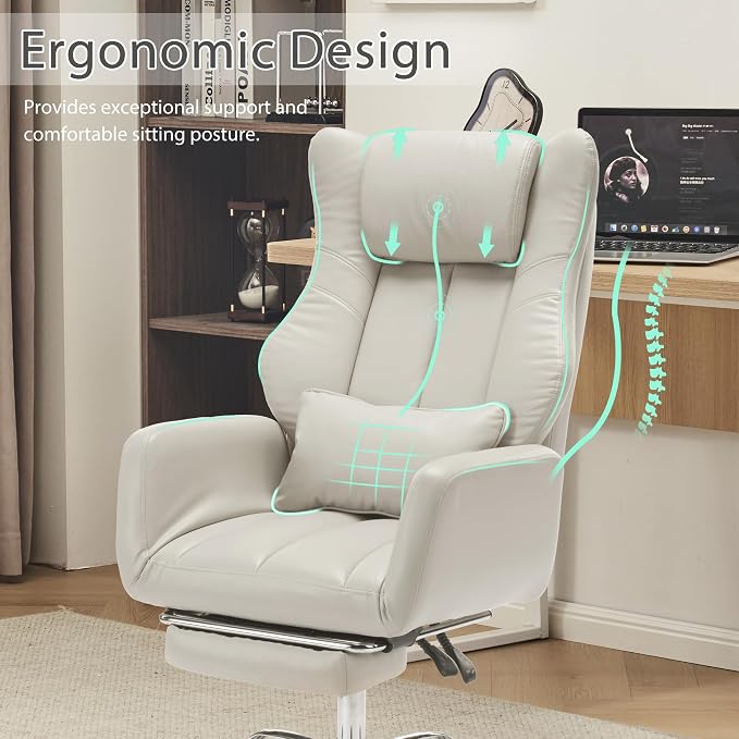 JOMEED Cross Legged Office Chair with Footrest,Flip Armrest,Beige | Big and Tall Executive,Ergonomic Design with Lumbar Pillow, 155° Reclining, PU Leather Wide Desk Chair for Home and Office - Image 8