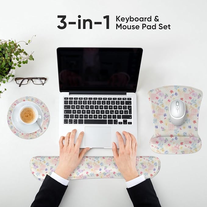 Ergonomic Memory Foam Keyboard Mouse Pad Set with Wrist Rest Support,Non-Slip Hand Wrist Cushion for Laptop/Notebook/Desktop/Computer/Gaming/Office,Easy Typing& Pain Relief (Flowers & Bowknot) - Image 6