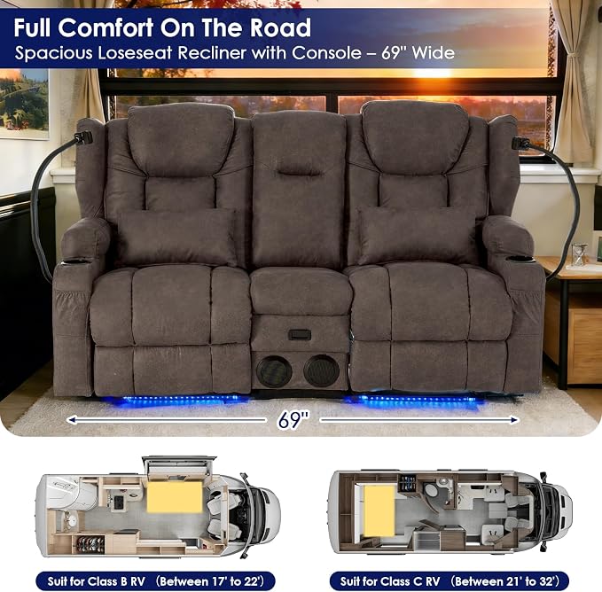Redlife Power Loveseat Recliner Sofa with Console, Blue LED Lights - Image 8