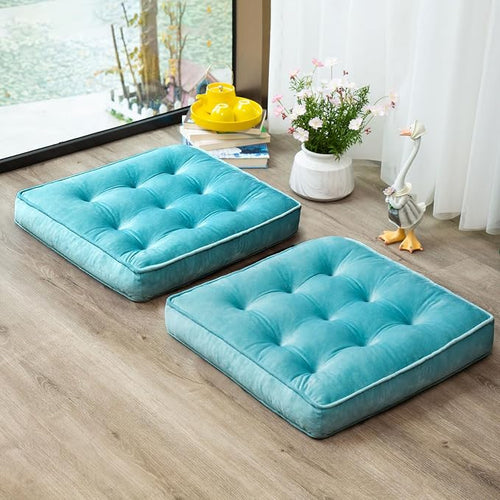 1 MIDDLE ONE Floor Pillow Set of 2, Memory Foam Meditation Cushion, Floor Cushions for Adults Sitting, Large Square Seat Cushions for Yoga, Couch, Sofa, Kids, Living Room, 20x20 Inch (Blue) by 1MIDDLEONE