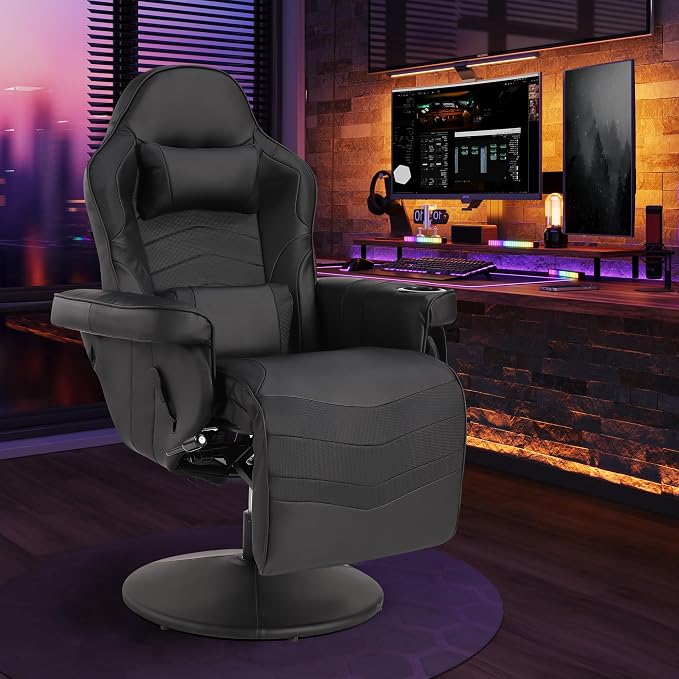 Massage Gaming Recliner Chair with Cup Holder & Side Pockets – Ergonomic PU Leather Video Gaming Chair with Footrest, Manual Recline, Headrest & Lumbar Support for Office or Game Room (Black) - Image 9