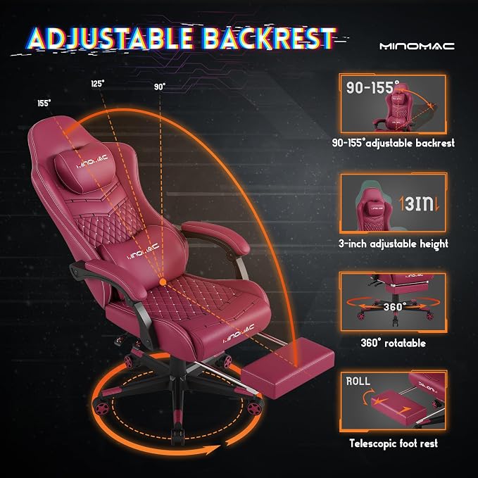 Gaming Chair,Big and Tall Gaming Chair 400lbs Office Chair with Footrest, 90-155° Recline & Removable Headrest Lumbar Support[Spring + 4D Sponge] (RED) - Image 6