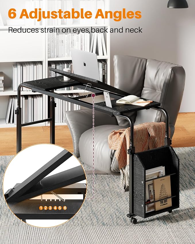 Laptop Desk for Bed,6-Angle Adjustable Overbed Table with Wheels,Adjustable Height and Length Bed Table for Laptop with Side Bookshelf,Standing Desk,Over Bed Desk for Working Hospital Home (Black) - Image 3