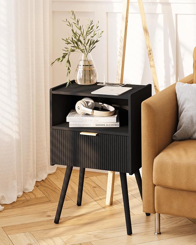 JOONEE Black Nightstand with Outlet,Modern Bedside Table with Storage Drawer and Open Wood Shelf, for Living Room, Bedroom and Small Spaces, Accent Night Stand with Solid Wood Legs, Easy Assembly - Image 7