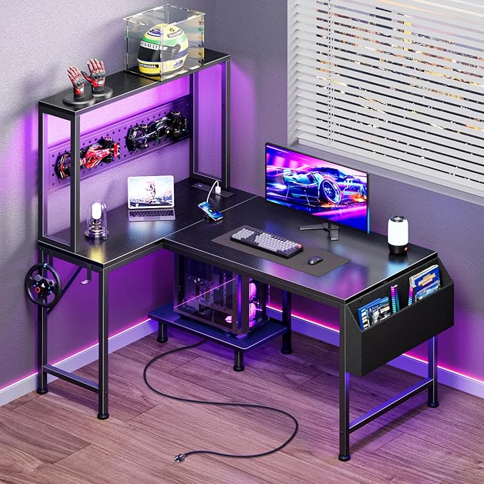 PRAISUN L Shaped Gaming Desk with LED Lights & Power Outlets | Reversible Computer Desk with Storage Shelves & Bag, Small Corner Home Office Desk with Pegboard for Work from Home, Black by PRAISUN