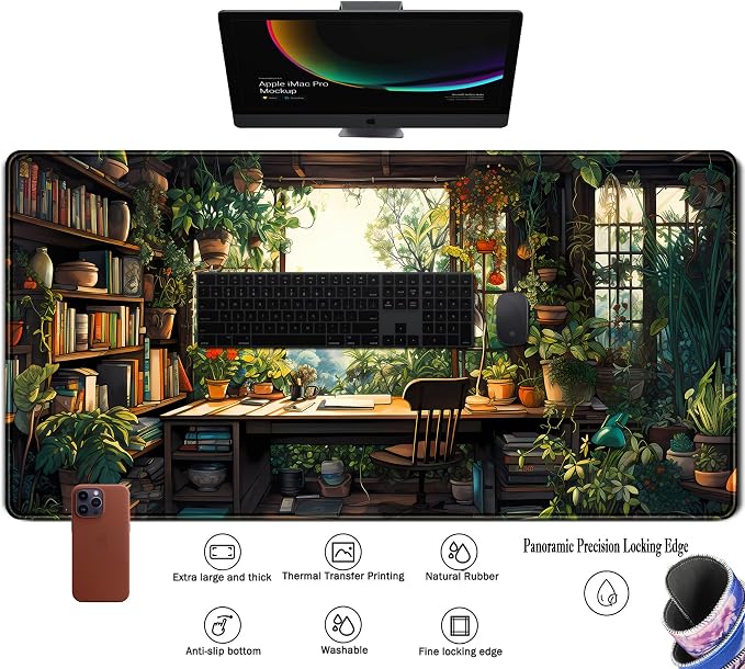 Green Plant Lovers Cute Desk Mat, Kawaii Desk Pad XXL Large Extended Lofi Mouse Pad Gaming Anime Mousepad, Big Laptop Computer Keyboard and Mouse Mat for Girl Women Office Desk Decor 31.5x15.7 in - Image 3
