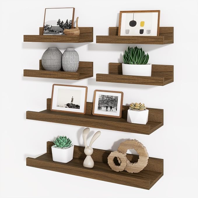 Picture Ledge Shelf, Floating Shelves for Wall Decor, Walnut, 6Pcs, 16'' by Axeman