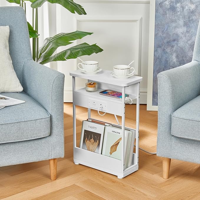 YEAKOO Narrow Side Table with Charging Station, 3-Tier End Table with 2 USB Ports & Power Outlets,Thin Sofa Side Table for Narrow and Small Spaces, Bedside Table Nightstand for Living Room,White - Image 2