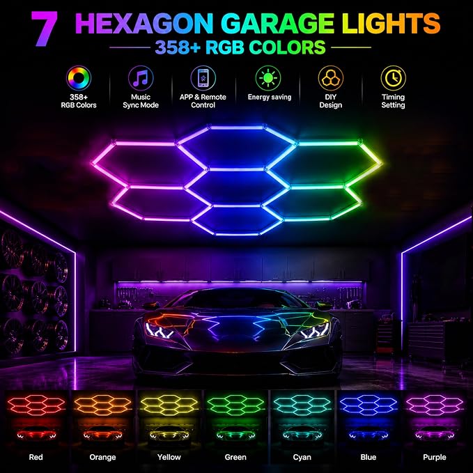 31Pack RGB Hexagon led Garage Lights,7 Hexagon Light with Multi Color,Dimmable&Speed Adjustable RGB Hex Wall Lights,DIY Design for Remote Control & Smart App Control Music Modes - Image 2