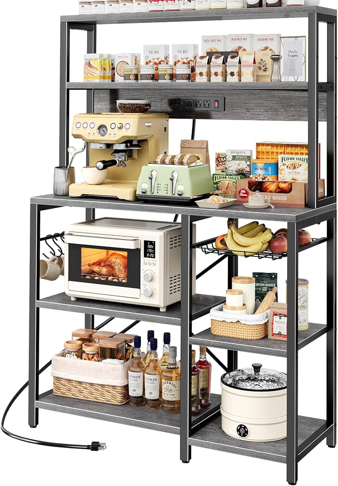SUPERJARE Bakers Rack with Power Outlet, 35.4 Inches Coffee Bar with Basket by SUPERJARE