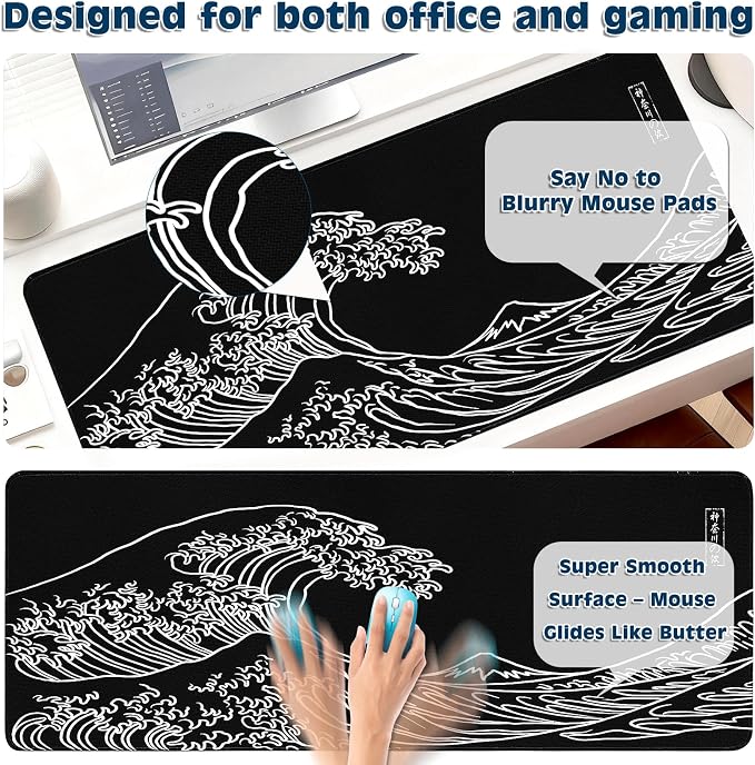 Gaming Desk Mat with Silky Smooth Surface & Exquisite Patterns,31.5x11.8 Inches Large-Sized Mouse Pad, Perfect for Extended Gaming,Work,and Home Office Decor (Kanagawa Waves 3) - Image 4