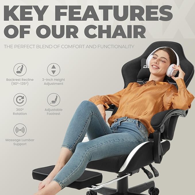 Dowinx Gaming Chair Fabric with Pocket Spring Cushion, Massage Game Chair Cloth with Headrest, Ergonomic Computer Chair with Footrest 290LBS, Black White - Image 8