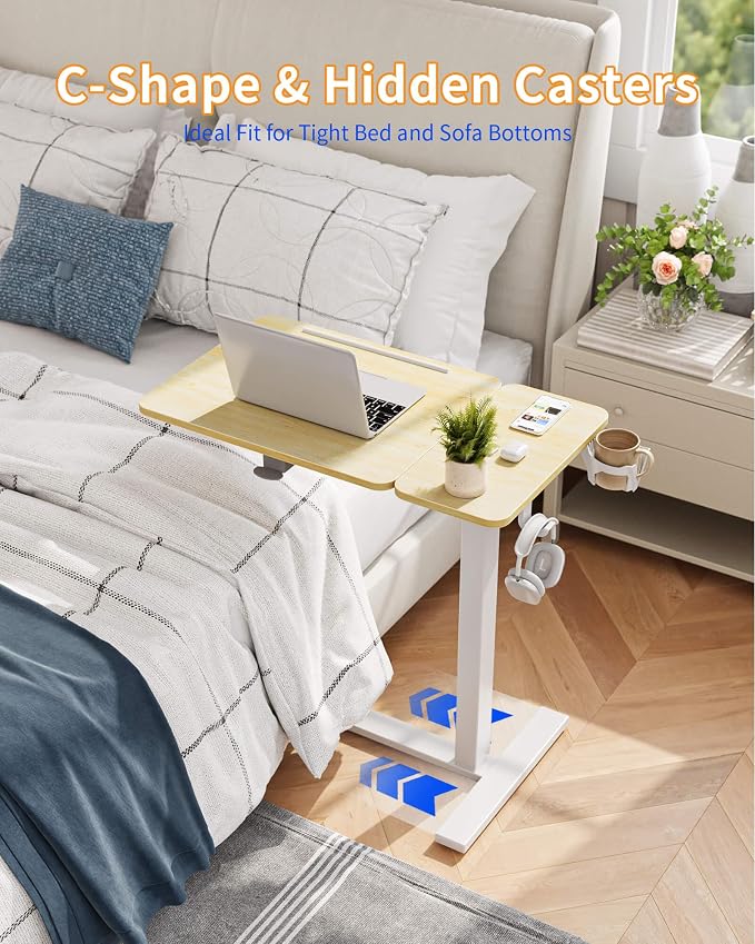 YIHAYO 24 x 16 Inches Electric Adjustable Overbed Bedside Table, Natural - Image 5