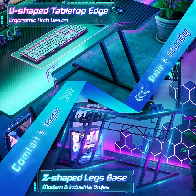 Armocity Gaming Computer Desk with Hutch and LED Lights, 53'' Black Gaming Desk with Storage Shelves, Reversible PC Gamer Desks with Pegboard, Ergonomic Desk for Bedroom, Carbon Fiber Surface - Image 6