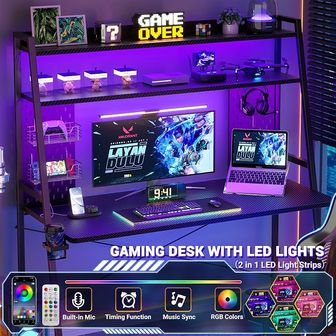 Besiost Gaming Desk with Hutch and LED Lights, Gaming Computer Desk with Power Outlets, Gamer Desk with Storage Shelves, PC Game Desks with Pegboards, for Bedroom, Carbon Fiber Black, 49" - Image 4