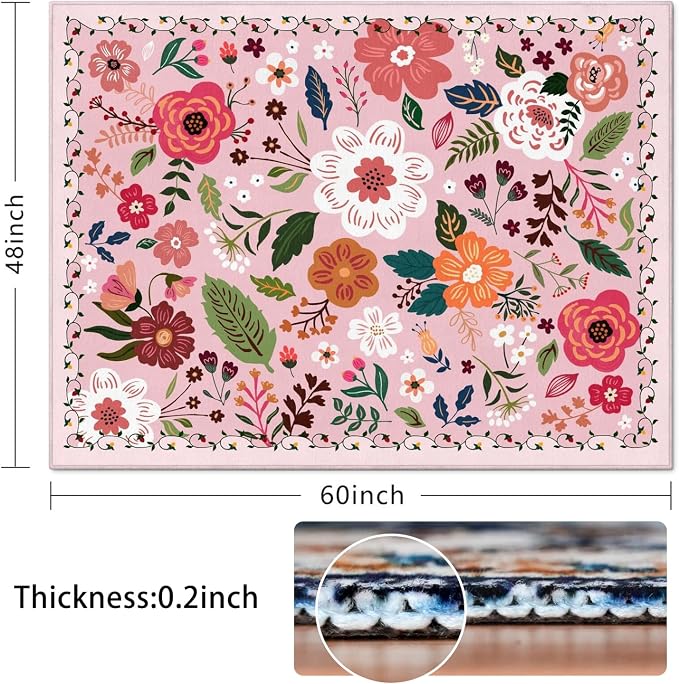 Office Chair Mat for Hardwood & Tile Floor,Boho Floral 60"x48" Office Computer Chair Mat for Rolling Chairs,Under Desk Non Slip Gaming Rug,Rubber Backing Large Low-Pile Carpet Protector Mat(Pink) - Image 2