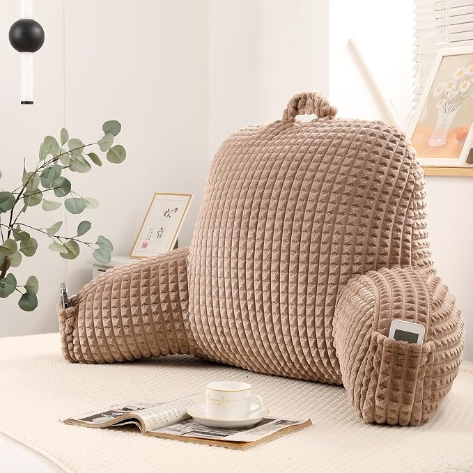 Reading Pillow with Arms for Sitting in Bed,Backrest,Khaki Flannel,M | 17" Backrest with Arms Supports Back for College Students,Elbows & Forearms for Dorm Reading,Gaming,Watching TV by PAJEO