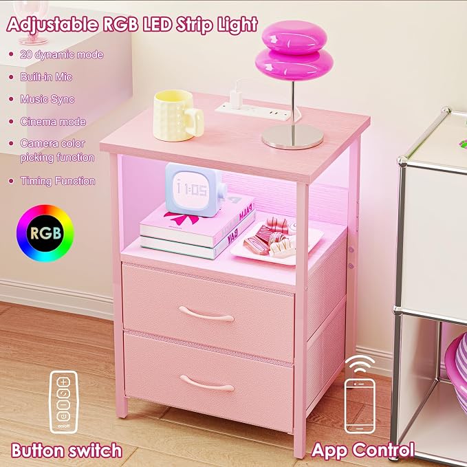 Fixwal Night Stand with Charging Station, Led Nightstand, Pink, 2 Drawers - Image 3