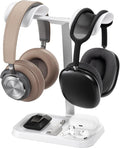 Dual Headphone Stand, Double Balanced Headset Stand with Storage Tray, Heavy Base Gaming Headset Holder for Desk (White) by QinCoon