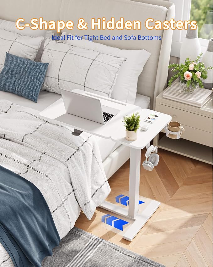 YIHAYO Adjustable Overbed Bedside Table with Wheels, 28 x 16 Inches Electric Mobile Standing Desk, Laptop Desk, Movable Overbed Tables Hospital Home Use, White - Image 6