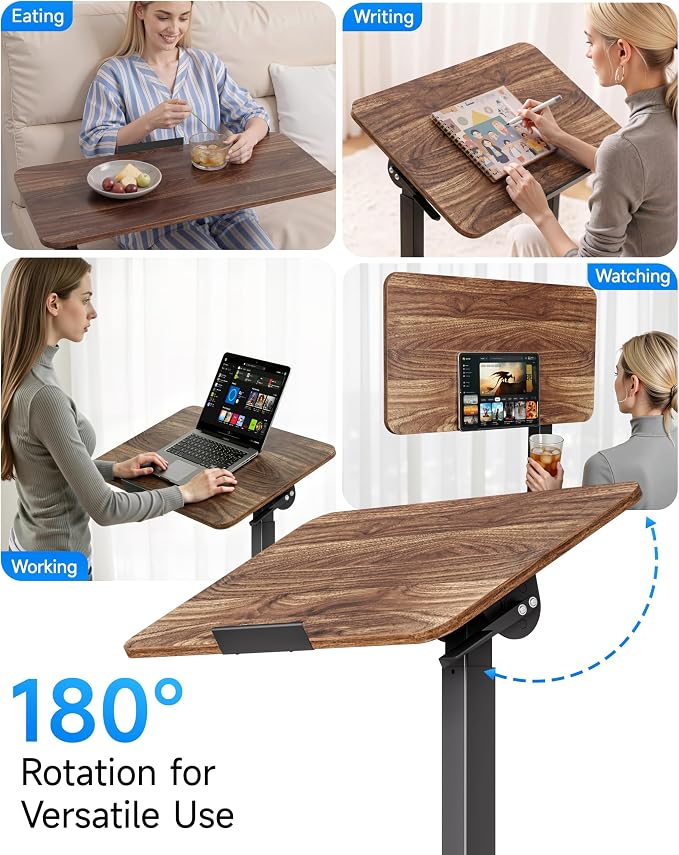 BIZUM Mobile Standing Desk Laptop Desk Pneumatic with Wheels 180° Tilt Top Hospital Bed Table Portable Rolling Cart Foldable Bedside Table for Hospital&Home Use, Walnut - Image 8