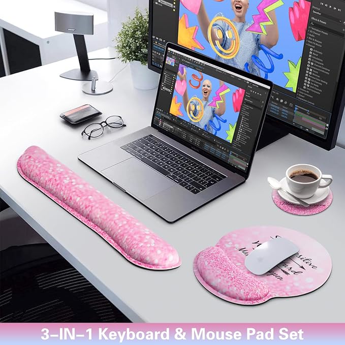 Mouse Pad with Wrist Rest Set Pink, 3-in-1 Wrist Support Mousepad Set,Gaming Mat Pad with Anti-Skid Base,Ergonomic Mouse Pad,Memory Foam Keyboard Gel Wrist Rest - Image 2