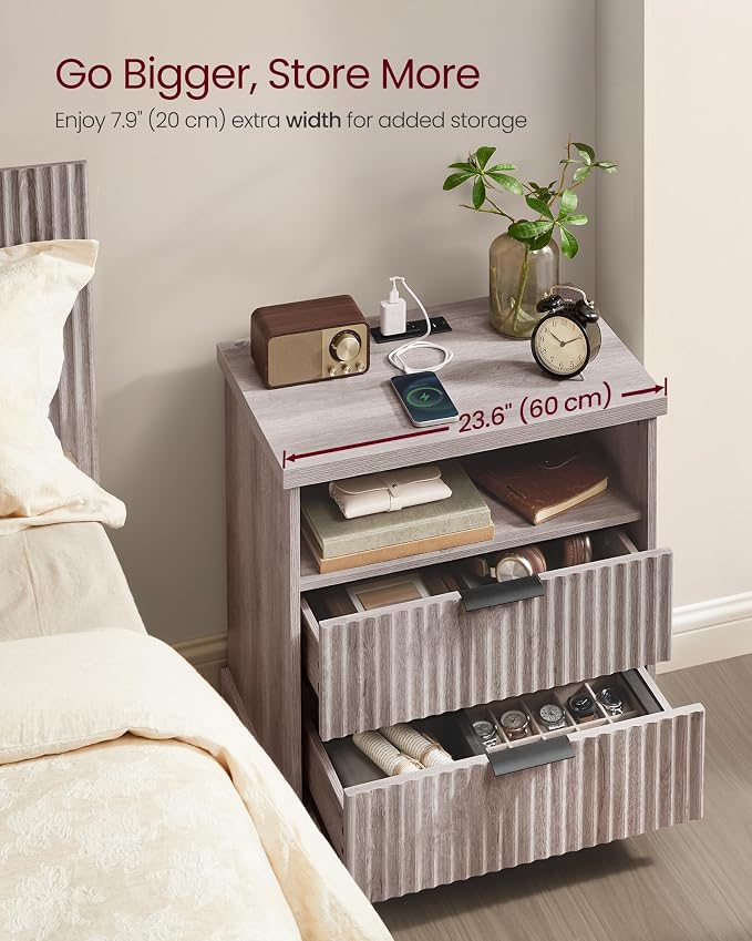 VASAGLE Set of 2 Nightstands with Charging Station, 2 Drawers, Open Shelf - Image 4