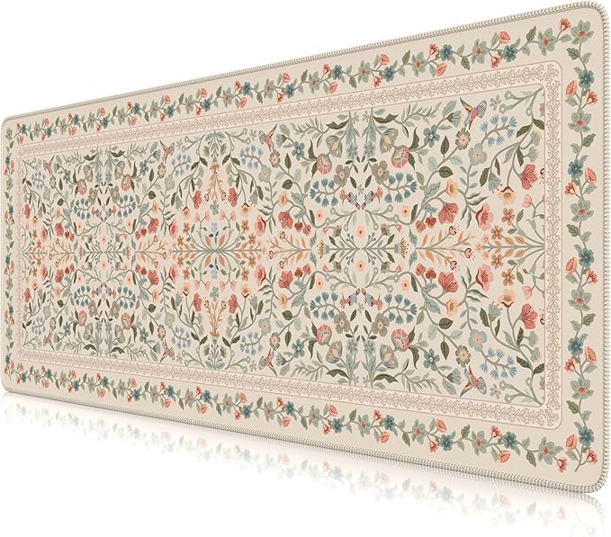 iCasso Aesthetic Desk Mat,31.5x11.8in Mouse Pads,Beige Floral | Anti-Slip Mousepad with Stitched Edges, Waterproof Computer Pad, Desk Accessories Office Decor for Women by iCasso
