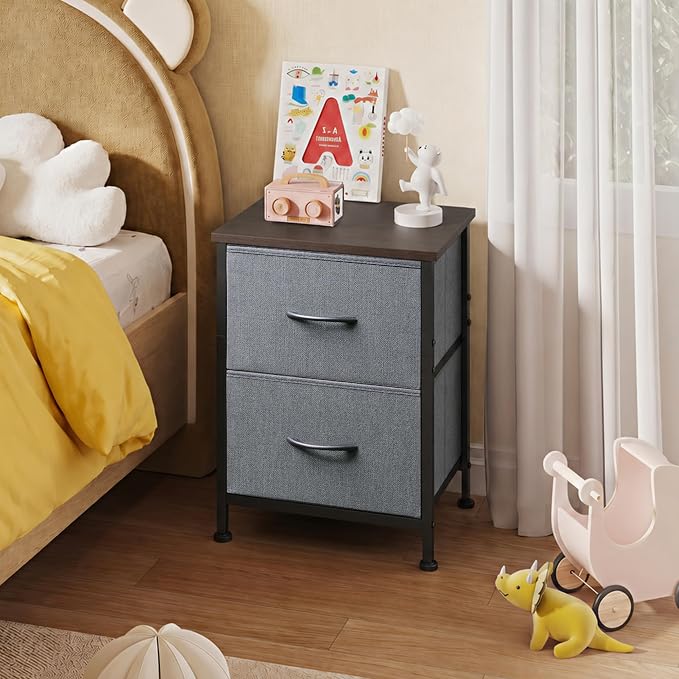 WLIVE Night Stand Set 2, Dresser and Nightstand Sets, Small Dresser for Bedroom with 2 Drawers, End Table with Fabric Bins for Closet, Bedside Furniture, College Dorm, Dark Grey - Image 8