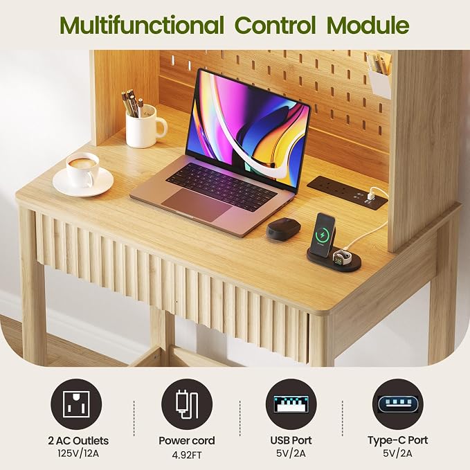 Lvifur LED Writing Desk with Hutch and Pegboard and Power Outlet (Natural) | Compact Study Desk with Display Shelf, 3 Color Lights, Adjustable Brightness, USB/Type-C&2 AC Outlets, Drawer wtih Metal Rail - Image 4