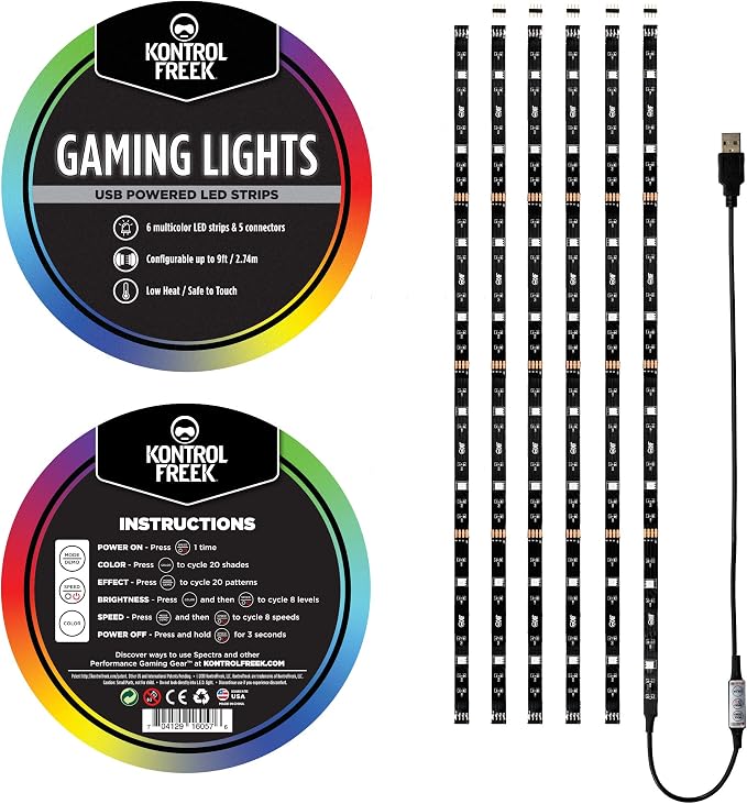 KontrolFreek Gaming Lights: LED Strip Lights, USB Powered with Controller, 3M Adhesive for TV, Console, PC, Wall (9 ft) - Image 2
