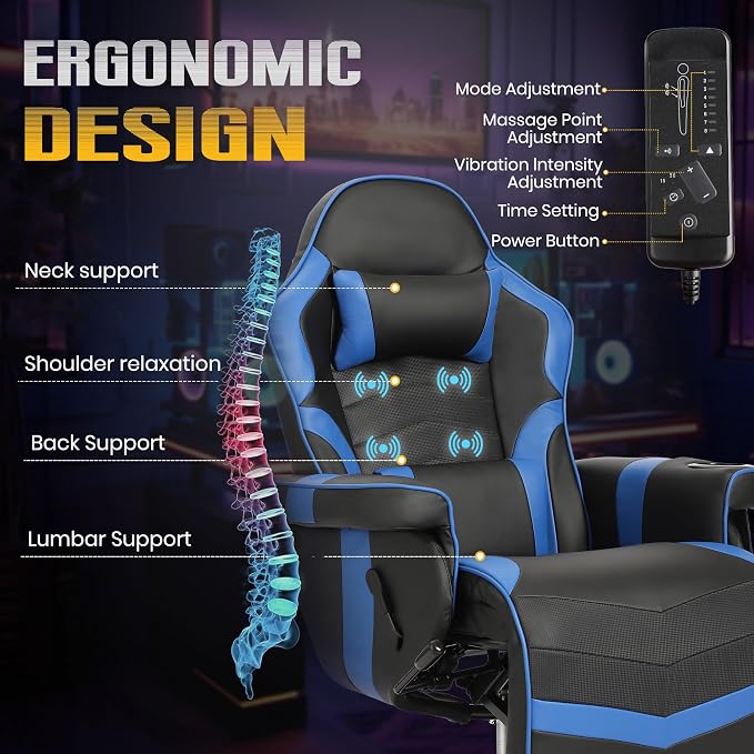 Massage Gaming Recliner Chair with Cup Holder & Side Pockets – Ergonomic PU Leather Video Gaming Chair with Footrest, Manual Recline, Headrest & Lumbar Support for Office or Game Room (Blue) - Image 4