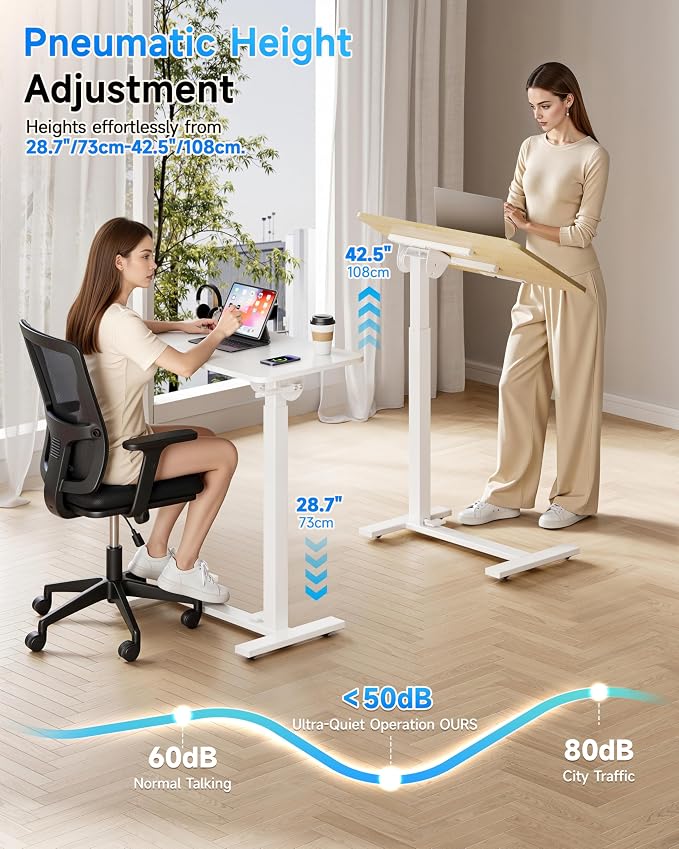 BIZUM Mobile Standing Desk Laptop Desk Pneumatic with Wheels 180° Tilt Top Hospital Bed Table Portable Rolling Cart Foldable Bedside Table for Hospital&Home Use, Maple - Image 6