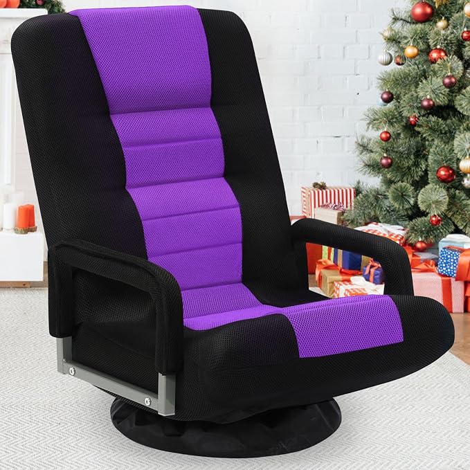 Swivel Floor Gaming Chair w/Armrests,Folding Video Reclining Sofa w/6 Adjustable Position, Padded Backrest & Cushion, Lazy Lounger Couch for E-Sports, Reading, Relaxing, Watching TV, Purple - Image 2