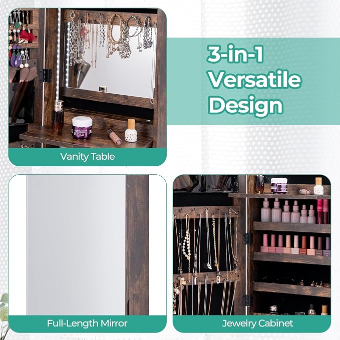 LDAILY 47” LED Jewelry Armoire, Door/Wall Mounted Mirror with Storage, 4 Shelves & Drawers, Full Length Mirror & Flip-up Makeup Tray, Lockable Jewelry Organizer Cabinet for Women & Girls(Rustic Brown) - Image 5