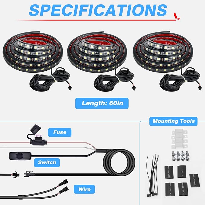 MICTUNING 3Pcs 60 Inch Truck Bed Lights - White Waterproof LED Light Strip with On-Off Switch Fuse Splitter Cable Compatible for Truck Jxxp Pickup RV SUV Vans Cargo Boats and More - Image 6