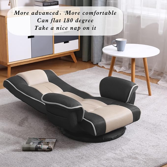 360° Swivel Floor Chair with Armrests, 14-Position Adjustable Floor Lounger for Adults, Foldable Reclining Chair for Living Room & Bedroom - Image 5
