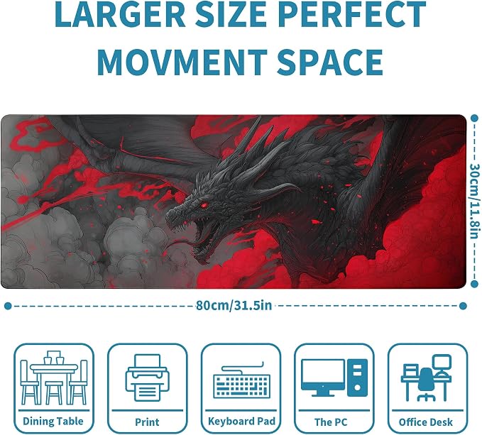 Huge Dragon Mouse Pad Desk Mat XL Extended Large Gaming Desk Pad Mousepad, Red and Black Computer Laptop Keyboard and Mouse Mat, Desktop Protector Mat for Office and Home 31.5x11.8 in - Image 2