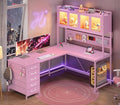 SEDETA L Shaped Gaming Corner Desk with Drawers, Hutch and Storage Shelves | Reversible L Shaped Computer Desk, Gaming Desk with Pegboard, Led Lights, and Power Outlet for Home Office, Small Space, Pink by SEDETA
