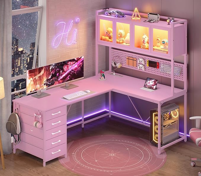 SEDETA L Shaped Gaming Corner Desk with Drawers, Hutch and Storage Shelves | Reversible L Shaped Computer Desk, Gaming Desk with Pegboard, Led Lights, and Power Outlet for Home Office, Small Space, Pink by SEDETA