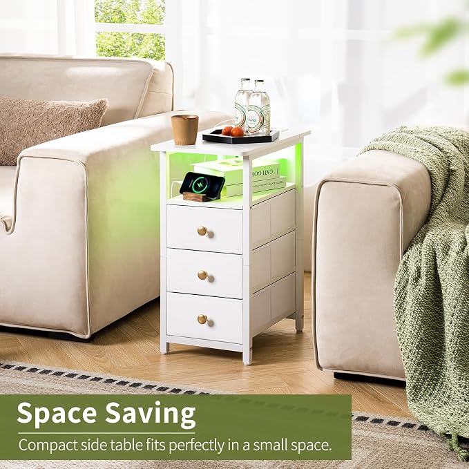 Yoobure End Table with Charging Station, LED Narrow Side Table Bedside Table, Small Night Stand End Tables Living Room, Skinny Nightstand with 3 Fabric Drawers, Side Tables Bedroom for Small Spaces - Image 3