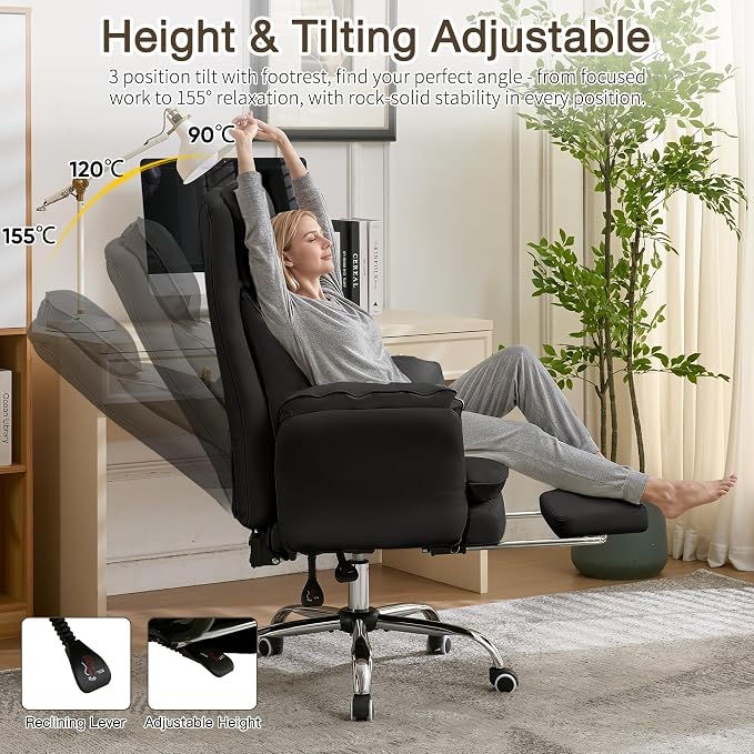 JOMEED Cloud Cross Legged Office Chair with Footrest and Flip Armrest,Black | Ergonomic Leather Big and Tall Executive Chair with Wheels,155° Reclining Computer Wide Desk Chair for Home,Office - Image 6